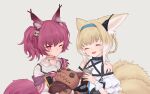  2girls absurdres animal_ear_fluff animal_ears arknights bare_shoulders black_ribbon blonde_hair blue_hairband braid burnt_clothes chinese_commentary closed_eyes collarbone commentary_request cup diamond-shaped_pupils diamond_(shape) earpiece eyebrows_visible_through_hair fang fox_ears fox_girl fox_tail grey_background hair_ornament hair_ribbon hairband highres holding holding_cup holding_stuffed_toy id_card infection_monitor_(arknights) looking_at_viewer lxjun_09 multicolored_hair multiple_girls multiple_tails neck_ribbon one_eye_closed open_mouth oripathy_lesion_(arknights) pink_hair pink_ribbon ribbon shamare_(arknights) shirt short_hair simple_background skin_fang skull_hair_ornament streaked_hair stuffed_toy suzuran_(arknights) symbol-shaped_pupils tail twintails upper_body white_hair white_shirt white_wrist_cuffs 