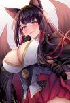  1girl :d akagi_(azur_lane) animal_ears azur_lane bangs black_gloves black_kimono blunt_bangs blush breasts brown_hair brown_tail cleavage clothes_lift commentary_request cowboy_shot eyebrows_visible_through_hair eyeliner eyeshadow fox_ears fox_girl fox_tail from_below gloves hand_up heart heart-shaped_pupils highres japanese_clothes kimono large_breasts lifted_by_self long_hair looking_at_viewer makeup multiple_tails open_mouth out-of-frame_censoring partial_commentary pleated_skirt red_eyes red_eyeshadow red_skirt revision sakuramon shirt sidelocks simple_background skirt skirt_lift smile solo standing symbol-shaped_pupils tail white_background white_shirt wide_sleeves yukinimaru 