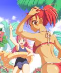  2girls arm_up armpits azpainter_(medium) bangs bikini blue_sky blue_swimsuit blush brown_eyes commentary_request cowboy_shot day flower green_eyes high_ponytail highres innertube long_hair looking_at_viewer multiple_girls one-piece_swimsuit open_mouth original outdoors palm_tree pink_hair ponytail red_bikini red_flower red_hair sakakura_(sariri) short_hair sky smile swimsuit tan tree yellow_flower 