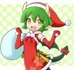  1girl commentary_request draco_centauros dragon_girl dragon_horns dragon_tail dragon_wings elbow_gloves eyebrows_visible_through_hair fang gloves green_eyes green_hair hat holding holding_sack horns looking_at_viewer open_mouth pointy_ears puyopuyo puyopuyo_quest red_gloves red_headwear sack santa_costume santa_hat short_hair smile solo tail takazaki_piko wings 