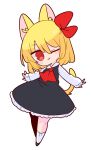  1girl :3 animal_ears ascot black_dress blonde_hair cat_ears cat_girl cat_tail collared_shirt dress hair_ribbon highres one_eye_closed op_na_yarou outstretched_arms red_ascot red_eyes red_ribbon ribbon rumia shirt short_hair simple_background skirt skirt_set socks solo spread_arms tail touhou white_background white_shirt 