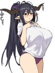  1girl antenna_hair bangs black_hair blush breasts buruma commentary danua draph granblue_fantasy highres horn_ornament horns houtengeki large_breasts long_hair open_mouth pointy_ears ponytail purple_buruma red_eyes short_sleeves sidelocks simple_background solo symbol-only_commentary thighs white_background white_hair 