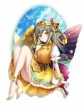  1girl akinomiya_asuka anklet barefoot bracelet brown_hair butterfly_wings dress hair_tubes highres hollow_song_of_birds jewelry legs long_hair nebet_tefet original puffy_short_sleeves puffy_sleeves pyramid short_sleeves smile solo touhou wings yellow_eyes 