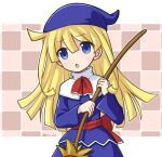  1girl blonde_hair blue_eyes broom commentary_request eyebrows_visible_through_hair holding holding_broom long_hair long_sleeves looking_at_viewer open_mouth puyopuyo solo takazaki_piko twitter_username upper_body witch_(puyopuyo) 