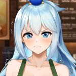  1girl annoyed apron aqua_(konosuba) artist_name bangs beads blue_eyes blue_hair blurry blurry_background close-up collarbone commentary depth_of_field english_commentary eyebrows_visible_through_hair frown green_apron hair_beads hair_between_eyes hair_ornament iced_latte_with_breast_milk_(meme) kono_subarashii_sekai_ni_shukufuku_wo! long_hair looking_at_viewer meme menu_board portrait pout pov rejection sasoura solo starbucks tearing_up trembling wavy_eyes wavy_mouth 