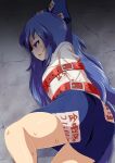 1girl absurdres bangs belt blue_bow blue_eyes blue_hair blue_skirt blush bound bound_arms bow commentary_request cookie_(touhou) debt feet_out_of_frame grey_hoodie hair_bow highres hood hoodie long_hair looking_down lying on_floor on_side open_mouth red_belt restrained skirt solo suyarou touhou very_long_hair yorigami_shion zerukalo_(cookie) 