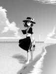  1girl bare_legs barefoot beach bow bowtie capelet eyebrows_visible_through_hair greyscale hat hat_bow highres holding holding_shoes long_sleeves looking_at_viewer monochrome ruurara shirt shoes shoes_removed short_hair skirt touhou usami_renko 