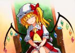  1girl :d ^_^ ascot bangs blonde_hair bow chair closed_eyes crystal eyebrows_visible_through_hair facing_viewer flandre_scarlet frilled_ascot frills gradient gradient_background hat mob_cap one_side_up open_mouth orange_background puffy_short_sleeves puffy_sleeves qqqrinkappp rainbow_order red_bow red_skirt red_vest shirt short_hair short_sleeves sitting skirt smile solo touhou traditional_media upper_body v_arms vest white_headwear white_shirt wings wrist_cuffs yellow_ascot 