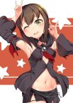  1girl armpits arms_up bangs bare_shoulders black_shirt black_shorts black_sleeves blush breasts brown_hair center_opening cleavage commentary_request cosplay cowboy_shot detached_sleeves double_fox_shadow_puppet drawstring eyebrows_visible_through_hair fox_shadow_puppet front_slit fubuki_(kancolle) green_eyes groin hair_between_eyes head_tilt highres hololive hood hood_down kantai_collection key kurokami_fubuki kurokami_fubuki_(cosplay) long_hair looking_at_viewer low_ponytail md5_mismatch medium_breasts midriff namesake navel neckerchief one_eye_closed open_mouth ponytail red_background red_neckerchief red_ribbon ribbon ribbon-trimmed_sleeves ribbon_trim shirt short_ponytail short_shorts shorts sideboob sidelocks sleeveless sleeveless_shirt solo standing starry_background strapless white_background wide_sleeves yasume_yukito 