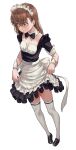  1girl absurdres alternate_costume apron black_dress black_footwear bow bowtie brown_eyes brown_hair closed_mouth commentary_request detached_collar dress enmaided frilled_apron frilled_dress frills full_body highres loafers looking_away maid maid_apron maid_headdress md5_mismatch medium_hair misaka_mikoto puffy_sleeves shoes simple_background skirt_hold socks solo standing thighhighs toaru_kagaku_no_railgun toaru_majutsu_no_index torriet waist_apron white_apron white_background white_legwear wrist_cuffs 
