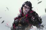  1girl alexineskiba bayonetta bayonetta_(series) bayonetta_3 black_hair braid clothing_cutout earrings glasses gloves jewelry lipstick long_hair looking_at_viewer makeup mole mole_under_mouth multicolored_hair red_hair simple_background smile solo streaked_hair twin_braids weapon 