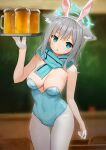  1girl :o absurdres alcohol alternate_costume animal_ear_fluff animal_ears anshinmama arm_up ass_visible_through_thighs bangs bare_arms bare_shoulders beer beer_mug blue_archive blue_eyes blue_leotard blue_scarf blurry blurry_background blush breasts cat_ears chalkboard cleavage commentary_request covered_navel cup depth_of_field earrings extra_ears fake_animal_ears gloves grey_legwear hairband halo highres holding holding_tray jewelry large_breasts leotard long_hair looking_at_viewer mug open_mouth pantyhose rabbit_ears scarf shiroko_(blue_archive) silver_hair solo strapless strapless_leotard stud_earrings thigh_gap tray white_gloves white_hairband 