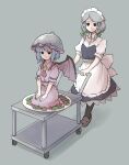  2girls :| ascot bat_wings black_eyes black_legwear braid closed_mouth dress empty_eyes frilled_shirt_collar frills grey_background hands_on_own_knees hat hat_ribbon highres izayoi_sakuya lid loafers maid maid_headdress mob_cap multiple_girls on_head pantyhose peroponesosu. pink_dress plate puffy_short_sleeves puffy_sleeves purple_hair red_ascot red_ribbon remilia_scarlet ribbon salad seiza serving_cart shoes short_sleeves silver_hair simple_background sitting sweatdrop touhou tray twin_braids wheel wings 