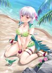  1girl armlet bangs bare_shoulders beach bikini bird blush bracelet braid braided_ponytail breasts cleavage collarbone earrings eyebrows_visible_through_hair fate/grand_order fate_(series) flower frills green_bikini green_vest hair_flower hair_ornament hair_ribbon highres hood hooded_vest hoodie jewelry kama_(fate) kama_(swimsuit_avenger)_(fate) large_breasts long_hair looking_at_viewer lotus nail_polish navel necklace ocean ochikata_kage open_mouth palm_tree parakeet pendant pink_nails red_eyes ribbon sand sandals shore silver_hair swimsuit tree vest 