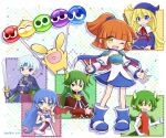  2boys 4girls arle_nadja blonde_hair blue_eyes blue_hair blush_stickers bracelet broom brown_eyes brown_hair carbuncle_(puyopuyo) china_dress chinese_clothes closed_mouth commentary_request draco_centauros dragon_girl dragon_horns dragon_tail dragon_wings dress earrings elbow_gloves eyebrows_visible_through_hair fang gloves green_eyes green_hair grey_hair highres holding holding_broom horns jewelry long_hair long_sleeves looking_at_viewer multiple_boys multiple_girls necklace open_mouth pointy_ears puyo_(puyopuyo) puyopuyo red_dress red_eyes rulue_(puyopuyo) satan_(puyopuyo) schezo_wegey short_hair short_ponytail sleeveless smile smug tail takazaki_piko wavy_hair white_gloves wings witch_(puyopuyo) yellow_eyes 