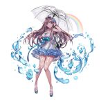  1girl 2v_(joyeong) :d absurdres ahoge aqua_bow bag bangs bare_shoulders blue_eyes bow breasts brown_hair character_request cleavage collarbone commentary_request cross-laced_clothes destiny_child dress earrings eyebrows_visible_through_hair fish flower frilled_dress frills full_body hair_behind_ear hair_bow hair_flower hair_ornament handbag headband highres jewelry knees_together_feet_apart long_hair open_mouth rain rainbow_order see-through simple_background smile solo strapless strapless_dress toeless_footwear umbrella watercraft white_background white_bow white_dress 