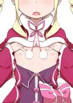  1girl areolae beatrice_(re:zero) blonde_hair blush breasts breasts_outside capelet cleavage commentary_request dress drill_hair facing_viewer hands_on_own_chest head_out_of_frame highres long_hair long_sleeves morisobo nipples open_mouth re:zero_kara_hajimeru_isekai_seikatsu red_dress sidelocks small_breasts solo twin_drills wide_sleeves 