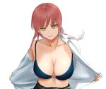  1girl blue_bra bra braid braided_ponytail breasts chainsaw_man cleavage closed_mouth collarbone collared_shirt large_breasts looking_at_viewer makima_(chainsaw_man) medium_hair mitsugu open_clothes open_shirt red_hair ringed_eyes shirt simple_background solo underwear undressing upper_body white_background white_shirt yellow_eyes 