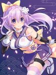  1girl alternate_costume bad_link blush breasts choker d-pad d-pad_hair_ornament fingerless_gloves gloves hair_between_eyes hair_ornament highres kazuneko_(wktk1024) kunai light_purple_hair long_hair looking_at_viewer medium_breasts nepgear neptune_(series) purple_eyes purple_hair senran_nin_nin_ninja_taisen_neptune:_shoujo-tachi_no_kyouen solo striped striped_legwear very_long_hair weapon white_choker 