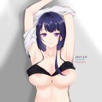  1girl absurdres amai-pai areola_slip areolae armpits bra bra_lift bra_slip breasts cleavage clothes_removed genshin_impact highres large_breasts nipple_slip nipples partially_undressed purple_eyes purple_hair raiden_shogun seductive_smile smile solo underwear undressing upper_body 