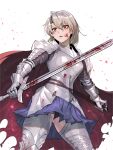  1girl absurdres armor armored_dress bangs blood blood_on_face cloak commentary grey_hair hair_between_eyes highres holding holding_sword holding_weapon jinlin knight original red_eyes short_hair simple_background solo standing sword vampire weapon white_background 