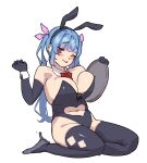  1girl animal_ears black_gloves black_legwear black_leotard blue_hair bow bowtie breasts detached_collar elbow_gloves fake_animal_ears gloves high_heels i-19_(kancolle) kantai_collection large_breasts leotard long_hair looking_at_viewer one_eye_closed playboy_bunny rabbit_ears rabbit_tail red_eyes satsuki_neko simple_background solo strapless strapless_leotard tail thighhighs tongue tongue_out tray twintails white_background 