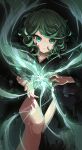  1girl arms_up black_dress closed_mouth commentary_request curly_hair dress expressionless flipped_hair floating glowing green_eyes green_hair highres levitation light nmm one-punch_man short_hair side_slit solo tatsumaki telekinesis 