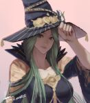  1girl adjusting_clothes adjusting_headwear alternate_costume artist_name cm_lynarc commentary fire_emblem fire_emblem:_three_houses fire_emblem_heroes green_eyes green_hair halloween hat highres long_hair looking_at_viewer official_alternate_costume pink_background popped_collar rhea_(fire_emblem) smile solo witch witch_hat 