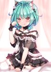  1girl :q animal_ear_fluff animal_ears bangs between_legs black_dress blue_hair blush cat_ears closed_mouth collarbone commentary detached_collar dress eyebrows_visible_through_hair frilled_legwear garter_straps green_hair hair_ornament hand_between_legs highres hololive kemonomimi_mode long_hair looking_at_viewer multicolored_hair off-shoulder_dress off_shoulder paw_pose red_eyes see-through_sleeves short_sleeves short_twintails skull_hair_ornament smile solo streaked_hair thighhighs tongue tongue_out twintails uruha_rushia virtual_youtuber white_legwear wrist_cuffs yuano 