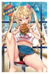  1girl ahoge american_flag american_flag_print bangs bare_legs barefoot black_panties blonde_hair blue_skirt blue_sky blush border breasts burger cheese cropped_shirt day eyebrows_visible_through_hair fast_food fingernails flag_print food gradient_eyes hair_between_eyes hair_ornament hairclip highres holding holding_food knee_up lace lace-trimmed_panties lace_panties lace_trim lettuce long_fingernails long_hair looking_at_viewer medium_breasts miniskirt multicolored_eyes nae-nae nail_polish navel non-web_source orange_eyes original palm_tree panties red_nails shiny shiny_skin shirt short_sleeves sidelocks sitting skirt sky solo spread_legs star_(symbol) star_hair_ornament stomach tomato tree twintails underwear very_long_hair white_border white_shirt 