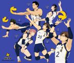  6+boys ace_of_diamond ball bangs black_hair blue_background blue_eyes brown_eyes brown_hair closed_eyes closed_mouth dark_green_hair elbow_pads elbow_sleeve furuya_satoru hands_up highres holding holding_ball jumping knee_pads kominato_haruichi kuramochi_youichi male_focus miyuki_kazuya multiple_boys open_mouth outstretched_arm parted_lips pink_hair sawamura_eijun shirt short_hair shorts sideburns spiked_hair sport sportswear sweat sweatdrop toned toned_male twoframe volleyball volleyball_uniform white_footwear yuuki_tetsuya 