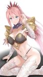  1girl arm_up armor bikini bikini_armor blue_eyes breasts cleavage highres large_breasts looking_at_viewer navel pink_hair ponytail revealing_clothes riteral seiza shionne_(tales) shoulder_armor sitting solo swimsuit tales_of_(series) tales_of_arise thighhighs thighs thong_bikini white_legwear 