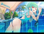  1girl aqua_swimsuit ass bare_shoulders bubble competition_swimsuit copyright_name double_bun eyebrows_visible_through_hair fang flat_chest goggles green_hair highres hololive long_hair looking_back one-piece_swimsuit open_mouth palm_tree partially_submerged piyoko_(uruha_rushia) pool red_eyes sidelocks swimsuit tree uruha_rushia virtual_youtuber water yoshikawa_hiro 