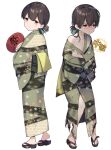  1girl alternate_costume bangs blue_ribbon brown_eyes brown_hair commentary_request folded_ponytail hair_ribbon hand_fan highres japanese_clothes kantai_collection kasuga_maru_(kancolle) kimono long_hair paper_fan remodel_(kantai_collection) ribbon sandals simple_background solo standing striped striped_kimono swept_bangs taiyou_(kancolle) torn_clothes uchiwa white_background yamashichi_(mtseven) yukata 