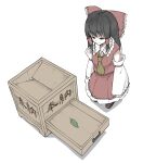  1girl :| ascot bangs black_hair bow box closed_mouth detached_sleeves donation_box empty_eyes expressionless frilled_shirt_collar frills from_above hair_bow hair_tubes hakurei_reimu highres leaf loafers long_hair long_sleeves nontraditional_miko peroponesosu. poverty red_bow red_skirt red_vest ribbon-trimmed_skirt ribbon-trimmed_sleeves ribbon_trim shoes simple_background skirt solo standing touhou translated vest white_background wide_sleeves yellow_ascot 