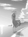  1girl bare_legs bare_shoulders beach breasts buttons closed_eyes cloud cloudy_sky dress eyebrows_visible_through_hair frilled_dress frills full_body greyscale happy hat highres juliet_sleeves long_sleeves maribel_hearn mob_cap monochrome no_shoes puffy_sleeves ribbon ruurara short_hair sky small_breasts touhou 