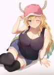  1girl absurdres black_tank_top blonde_hair blue_shorts breasts cleavage dragon_horns eyebrows_behind_hair gradient_hair green_eyes green_hair hat highres horns kobayashi-san_chi_no_maidragon large_breasts long_hair lucoa_(maidragon) multicolored_hair open_mouth pink_headwear purple_eyes same_(sendai623) short_shorts shorts slit_pupils smile solo tank_top 