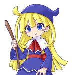  1girl blonde_hair blue_eyes blush_stickers broom closed_mouth commentary_request eyebrows_visible_through_hair holding holding_broom long_hair long_sleeves looking_at_viewer puyopuyo smile solo takazaki_piko witch_(puyopuyo) 