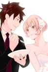  1boy 1girl black_suit blonde_hair couple dress flower hair_flower hair_ornament hairclip highres husband_and_wife looking_at_another nakiri_erina purple_eyes red_hair s2kns1 shokugeki_no_souma short_hair sleeveless sleeveless_dress wedding wedding_dress yukihira_souma 