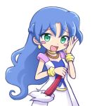  1girl blue_hair blush_stickers bracelet commentary_request earrings eyebrows_visible_through_hair green_eyes jewelry long_hair looking_at_viewer necklace open_mouth puyopuyo rulue_(puyopuyo) sleeveless smile smug solo takazaki_piko wavy_hair 