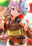  1girl ameth_(princess_connect!) aono_(f_i_s) blue_eyes blurry blurry_background candy_apple chocolate_banana commentary_request depth_of_field floral_print food fox_mask green_hair hands_up highres holding holding_food japanese_clothes kimono long_sleeves looking_at_viewer mask mask_on_head multicolored_hair obi princess_connect! print_kimono purple_hair red_kimono sash solo two-tone_hair wide_sleeves yukata 
