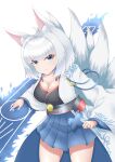  1girl animal_ear_fluff azur_lane blue_eyes blue_skirt breasts chrysanthemum cleavage coat commentary_request flight_deck flower highres hiwa_moegi kaga_(azur_lane) kitsune large_breasts looking_at_viewer metal_belt miniskirt multiple_tails open_clothes open_coat pleated_skirt short_hair simple_background skirt solo tail white_background white_coat white_hair white_tail wide_sleeves 