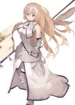  1girl absurdres armor armored_dress banner blonde_hair blue_eyes breasts chain eyebrows_visible_through_hair fate/apocrypha fate/grand_order fate_(series) faulds flag fur-trimmed_legwear fur_trim gauntlets gorget headpiece highres holding holding_flag jeanne_d&#039;arc_(fate) jeanne_d&#039;arc_(fate/apocrypha) large_breasts long_hair plackart same_(sendai623) scabbard sheath sheathed simple_background smile solo standard_bearer sword thighhighs very_long_hair weapon white_background 