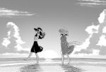  2girls arms_behind_head arms_up bangs bare_legs barefoot beach bow bowtie capelet closed_mouth cloud cloudy_sky dress eyebrows_visible_through_hair frilled_dress frills greyscale hair_between_eyes hat hat_bow horizon juliet_sleeves long_sleeves looking_at_another looking_to_the_side maribel_hearn medium_hair mob_cap monochrome multiple_girls open_mouth outdoors puffy_sleeves ruurara shirt short_hair skirt sky sunset touhou usami_renko walking 