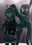  2girls absurdres aqua_hair aqua_skirt arm_up arms_at_sides bare_shoulders black_legwear black_shirt black_skirt black_sleeves blurry blurry_background braid commentary cowboy_shot detached_sleeves dual_persona expressionless french_braid from_behind glowing glowing_eyes grey_shirt hair_ornament hair_ribbon hatsune_miku hatsune_miku_(if) headphones highres long_hair long_sleeves looking_at_viewer miniskirt multiple_girls neon_trim outstretched_arm plaid plaid_skirt pleated_skirt ponytail ribbon shark_jelly shirt skirt sleeveless sleeveless_shirt spotlight stage standing striped striped_ribbon thighhighs twintails very_long_hair vocaloid zettai_ryouiki 