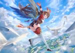  1girl amber_(genshin_impact) ass bangs bird black_gloves black_shorts blue_sky brown_hair building city cloud commentary_request crossed_bangs feathers flying genshin_impact gloves green_eyes hair_between_eyes hands_up highres hill leaf long_hair looking_at_viewer looking_back maica_sunahara messy_hair multicolored_clothes multicolored_legwear open_clothes open_mouth open_shirt outstretched_arms red_ribbon ribbon scenery short_sleeves shorts sidelocks sky smile solo thighhighs thighs tree water wings wrist_cuffs 