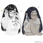  1girl anajudraws artist_name black_hair blush breasts closed_eyes fang food_print glasses highres large_breasts original pointy_ears print_shirt rimless_eyewear shirt simple_background squiggle sweatdrop twintails white_background white_shirt 