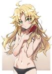  1girl ahoge bangs black_panties blonde_hair blush breasts brush commentary convenient_arm covering covering_breasts cowboy_shot eyebrows_visible_through_hair fate/apocrypha fate_(series) fingernails gradient gradient_background green_eyes grey_background hair_brushing hair_down hands_up highres long_hair looking_at_viewer mordred_(fate) mordred_(fate/apocrypha) navel panties parted_bangs revision small_breasts solo standing tonee topless underwear underwear_only wristband 