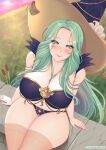  1girl absurdres alternate_costume arm_support bare_shoulders blue_panties blush breasts cleavage cryptid_crab curvy fire_emblem fire_emblem:_three_houses fire_emblem_heroes from_above green_eyes green_hair halloween hat highres large_breasts long_hair looking_at_viewer looking_up navel official_alternate_costume outdoors panties rhea_(fire_emblem) sitting smile thick_thighs thighhighs thighs underwear very_long_hair white_nails witch witch_hat 