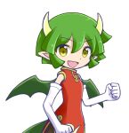  1girl china_dress chinese_clothes commentary_request draco_centauros dragon_girl dragon_horns dragon_tail dragon_wings dress elbow_gloves eyebrows_visible_through_hair fang gloves green_hair horns looking_at_viewer open_mouth pointy_ears puyopuyo red_dress short_hair smile solo tail takazaki_piko white_gloves wings yellow_eyes 